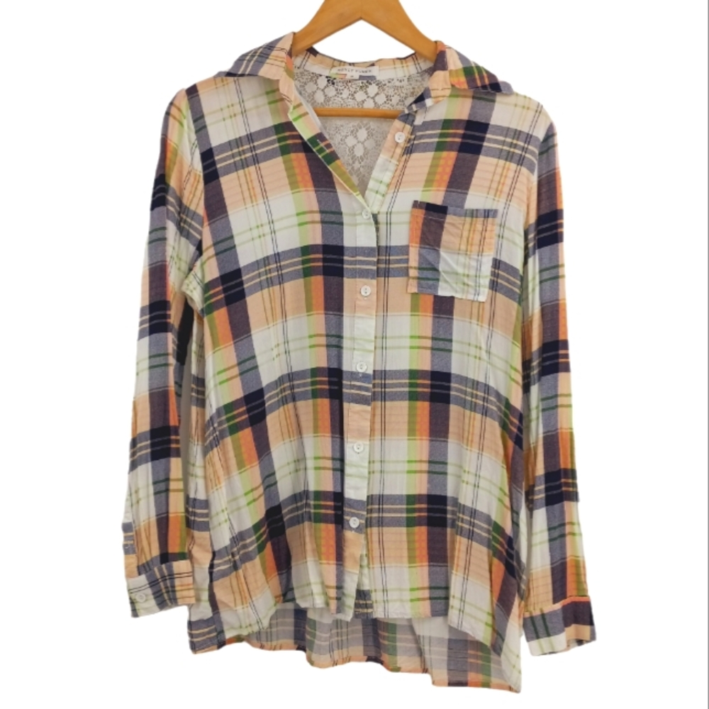 Honey Punch Plaid Button Up Shirt Women's S White Multicolor Lace Back Western